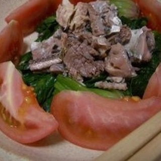 トマトほうれん草、秋刀魚缶のサラダ
